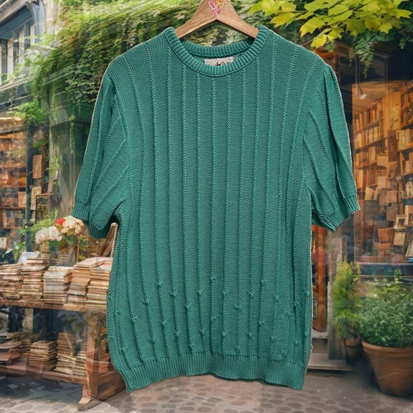 Vintage Teal Short Sleeve Knit Sweater - Picture 2 of 8